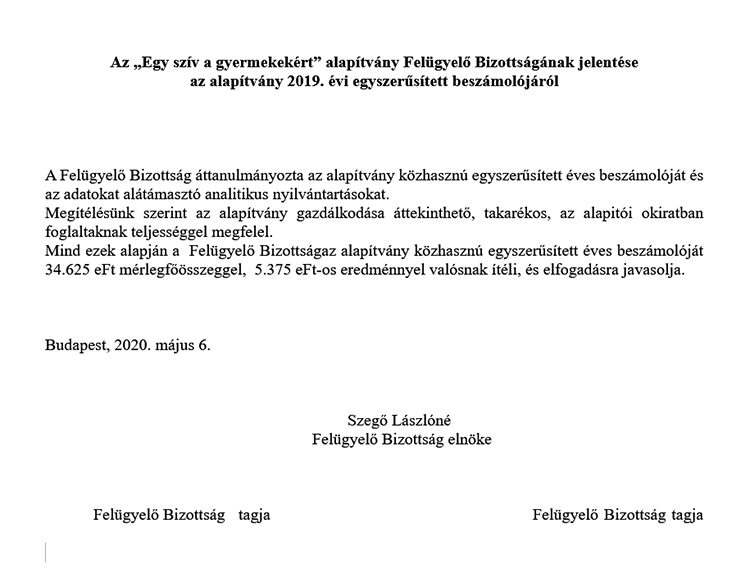 Egy szív a gyermekekért Alapítvány-Fb jelentés 2019