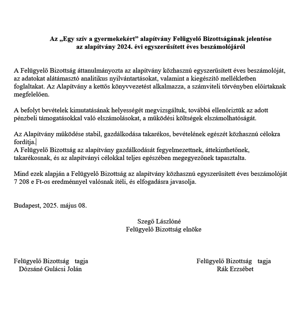 Egy szív a gyermekekért Alapítvány - FB jelentés 2024